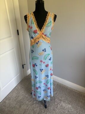 Dressed in LALa Light Blue Fruit & Floral Maxi Dress with Yellow Lace Trim